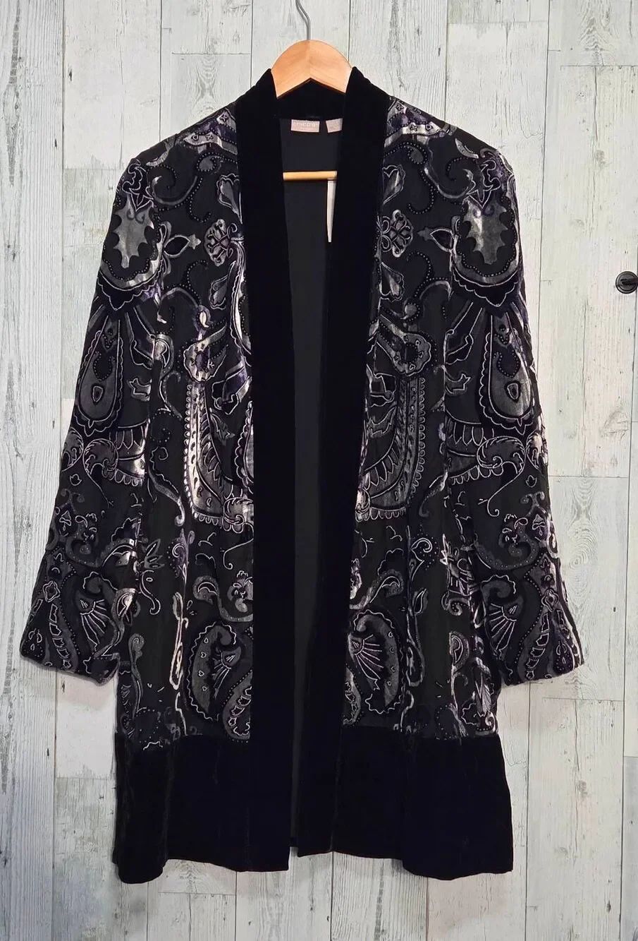 Chico's Travelers Burnout Velvet Paisley Open Front Cardigan/Jacket Sz. 1 (8-10)